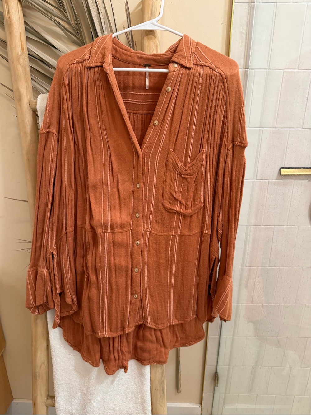 Free People Rust  Button-down Gauze Tunic Shirt
